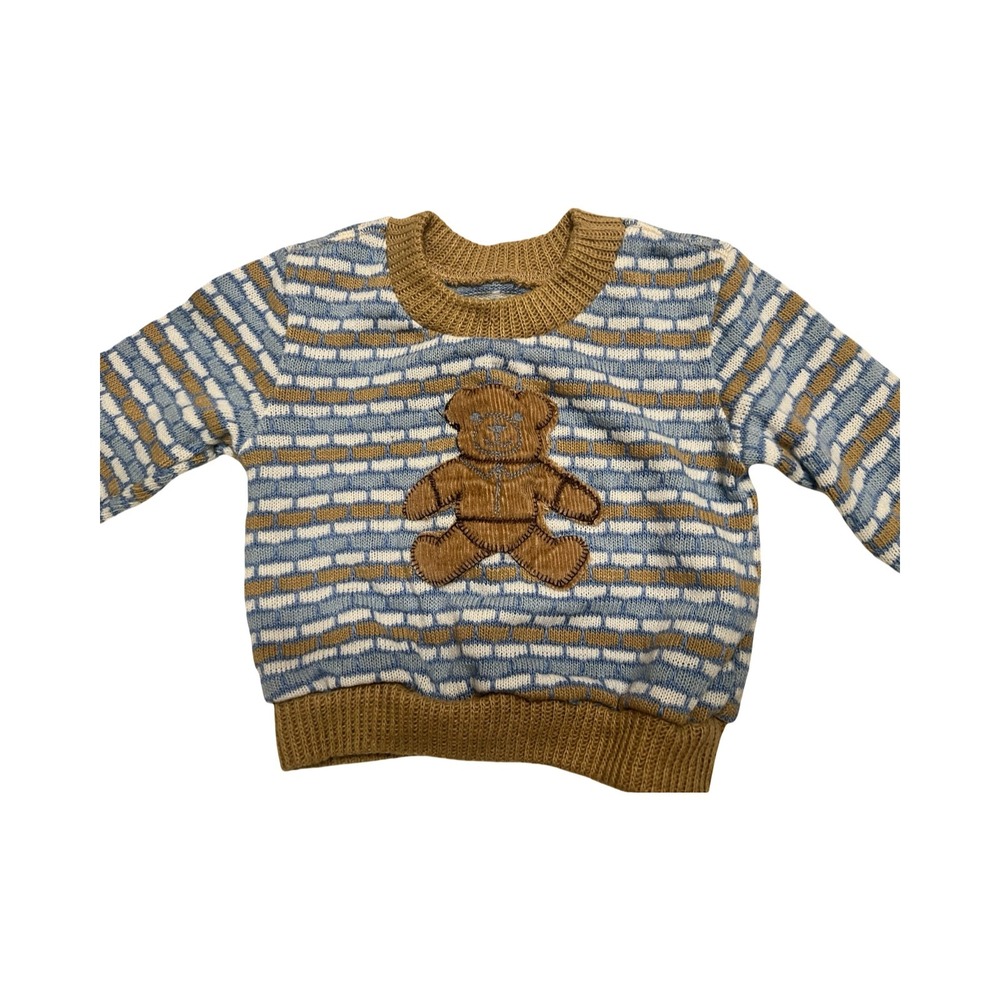 Vintage Stone Baby‎ Sweater 12 Months Blue Tan Striped Teddy Bear Made in USA